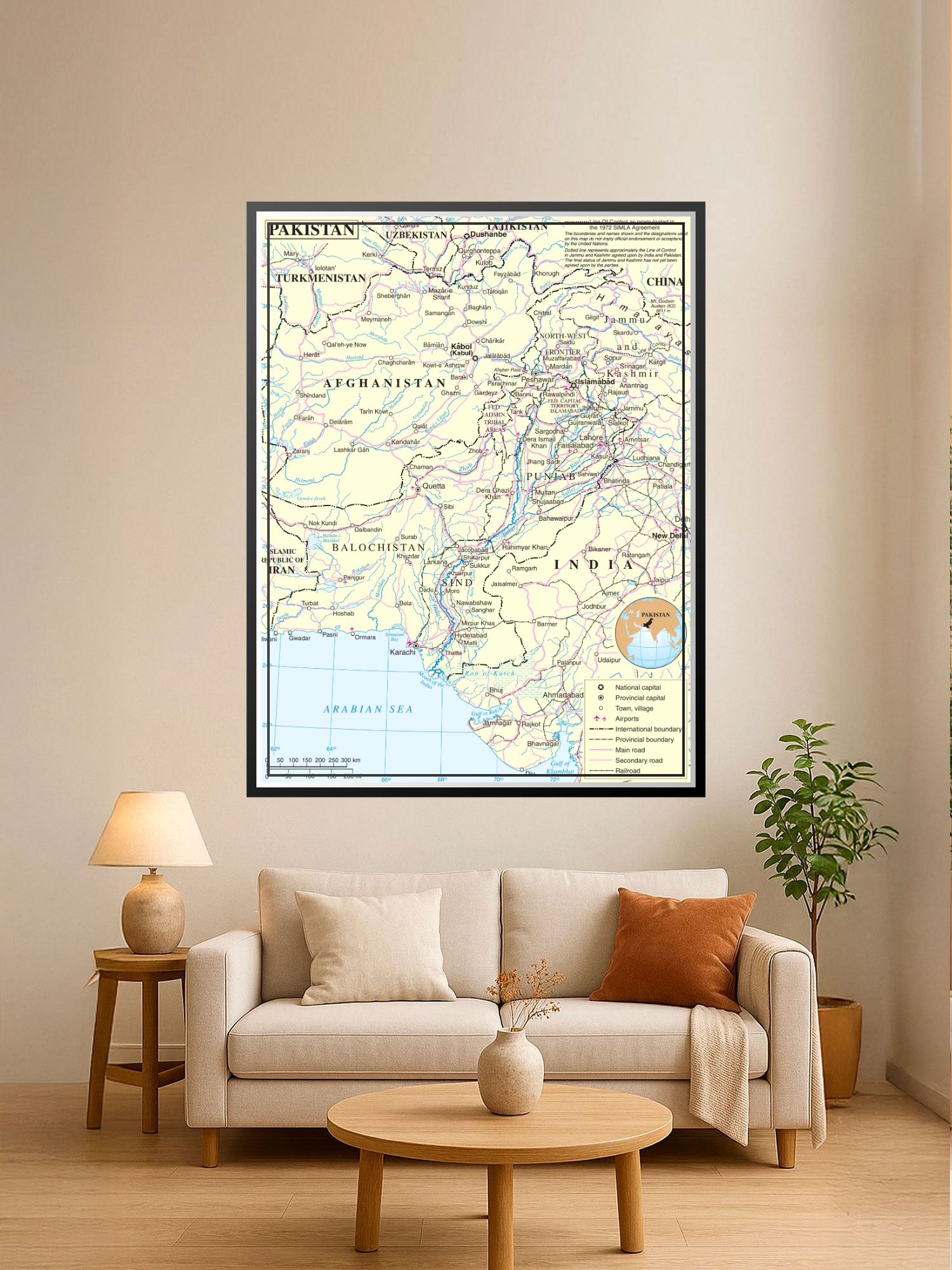 Political map of Pakistan showing provinces, major cities, international borders, and geographic features with cream background and detailed labeling.