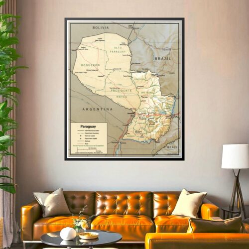 Political map of Paraguay showing international boundaries, department divisions, major cities, rivers, and geographic features with warm earth tone coloring and detailed cartographic detail.
