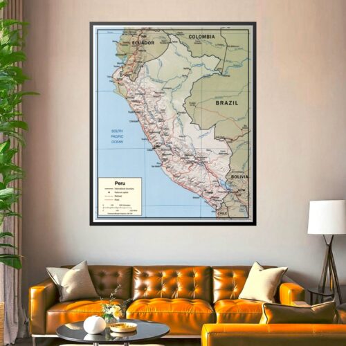 Political map of Peru showing international borders with Ecuador, Colombia, Brazil, Bolivia, and Chile, major cities, rivers, mountains, and the South Pacific Ocean coastline.