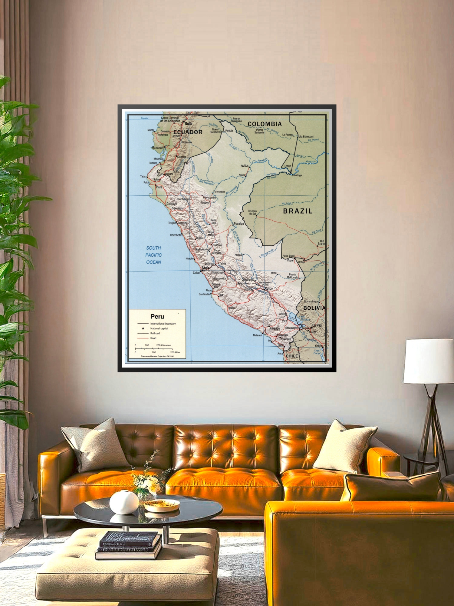 Political map of Peru showing international borders with Ecuador, Colombia, Brazil, Bolivia, and Chile, major cities, rivers, mountains, and the South Pacific Ocean coastline.