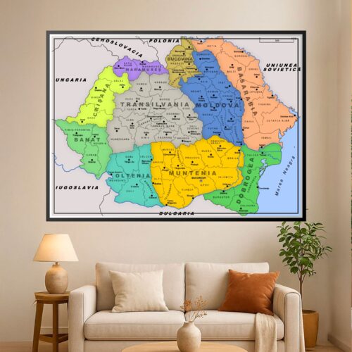Political map of Romania with color-coded counties, major cities labeled, and neighboring countries shown in distinct regional colors.