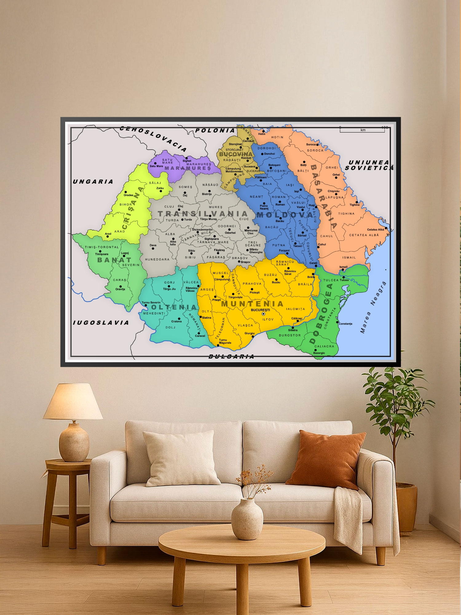 Political map of Romania with color-coded counties, major cities labeled, and neighboring countries shown in distinct regional colors.