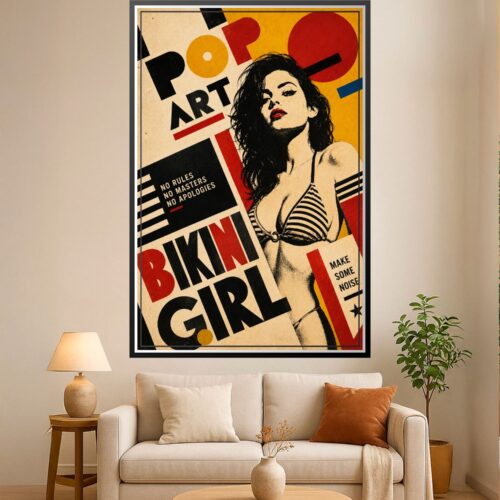 Vibrant pop art poster of a confident woman in striped bikini with bold geometric shapes, red circles, and rebellious typography on cream and yellow background.