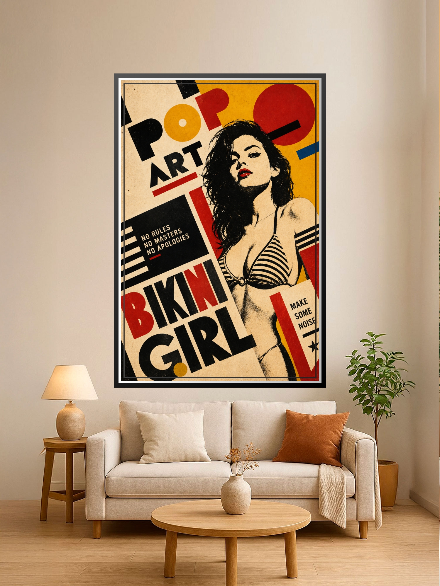 Vibrant pop art poster of a confident woman in striped bikini with bold geometric shapes, red circles, and rebellious typography on cream and yellow background.