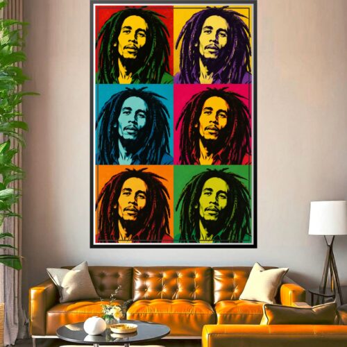 Pop art Bob Marley portrait in Warhol style with six vibrant color variations including red, yellow, blue, and green backgrounds with yellow face and black dreadlocks.