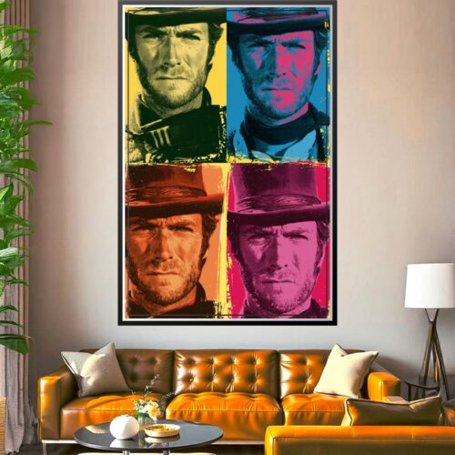 Pop art four-panel portrait of Clint Eastwood in Andy Warhol style with vibrant yellow, blue, magenta, and orange color blocks and bold black linework.