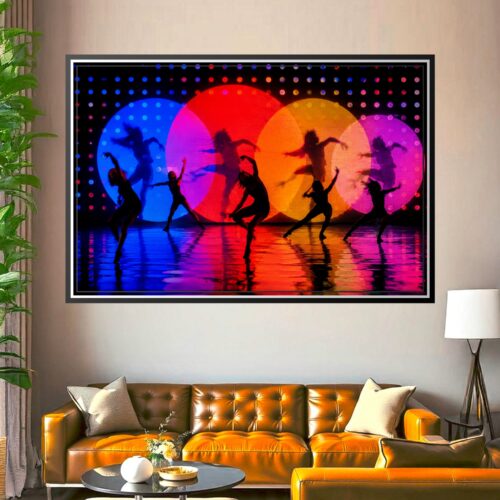Pop art poster of silhouetted dancers leaping against glowing neon blue, red, orange, and magenta circles with dynamic movement and reflections.