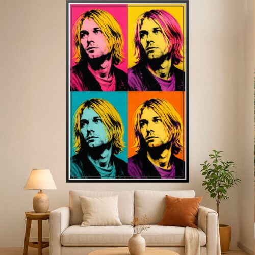 Pop art portrait of Kurt Cobain in four vibrant color variations: hot pink, yellow, turquoise, and orange with bold black line work.