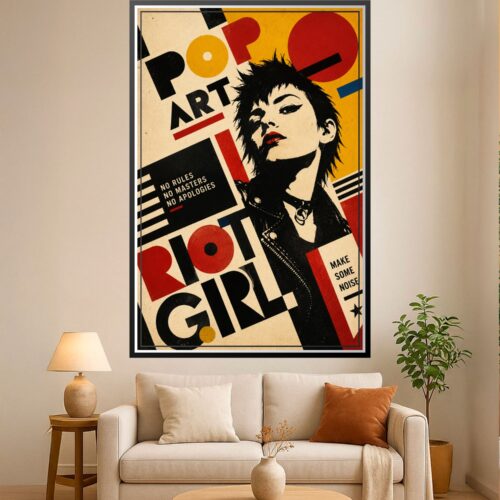 Pop art poster of a rebellious girl with spiky black hair against bold red, gold, and cream geometric shapes with punk rock typography.