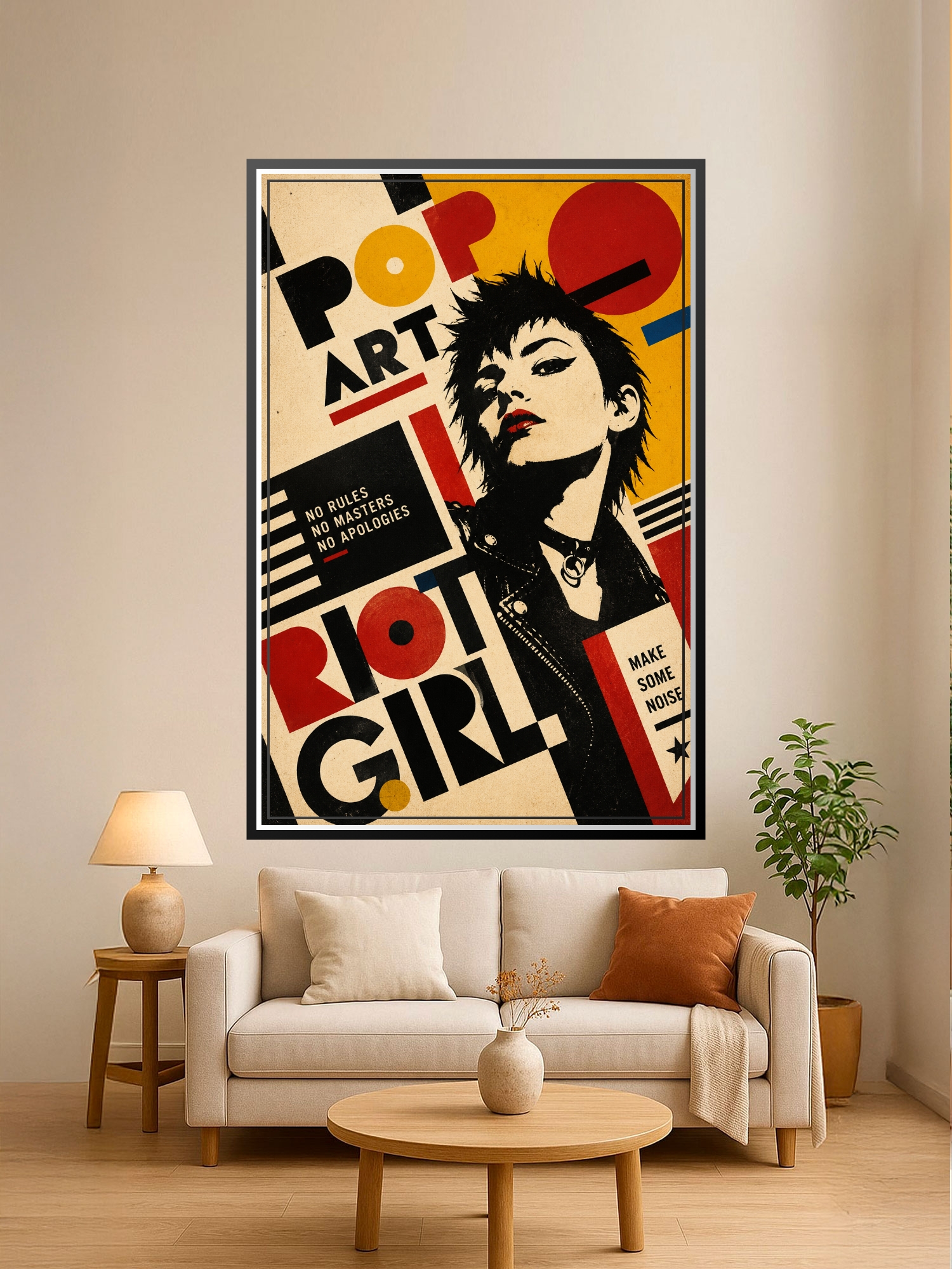 Pop art poster of a rebellious girl with spiky black hair against bold red, gold, and cream geometric shapes with punk rock typography.