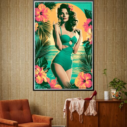 Pop art retro woman in turquoise swimsuit surrounded by magenta hibiscus flowers, palm leaves, and golden sun on turquoise background wall art poster.