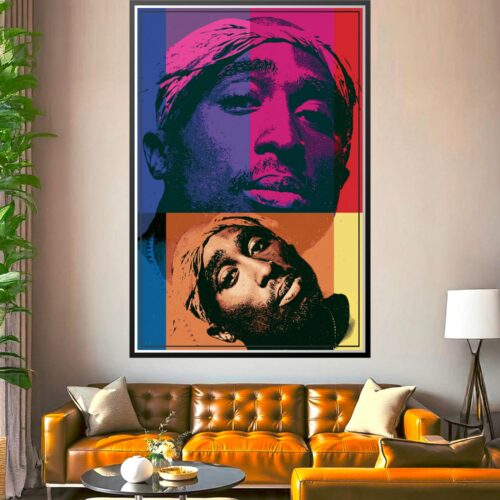 Pop art Tupac Shakur portrait in Andy Warhol style with vibrant pink, blue, orange, and yellow color blocks creating multiple perspectives of the rap icon.