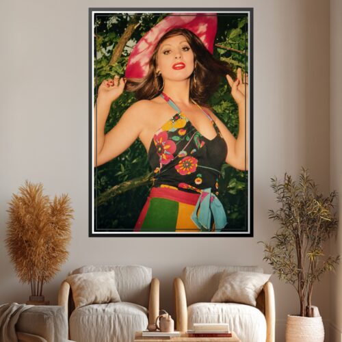 Pop art portrait of a woman in vintage 1960s style with bold red lips, pink hat, and colorful floral halter dress against green foliage background.