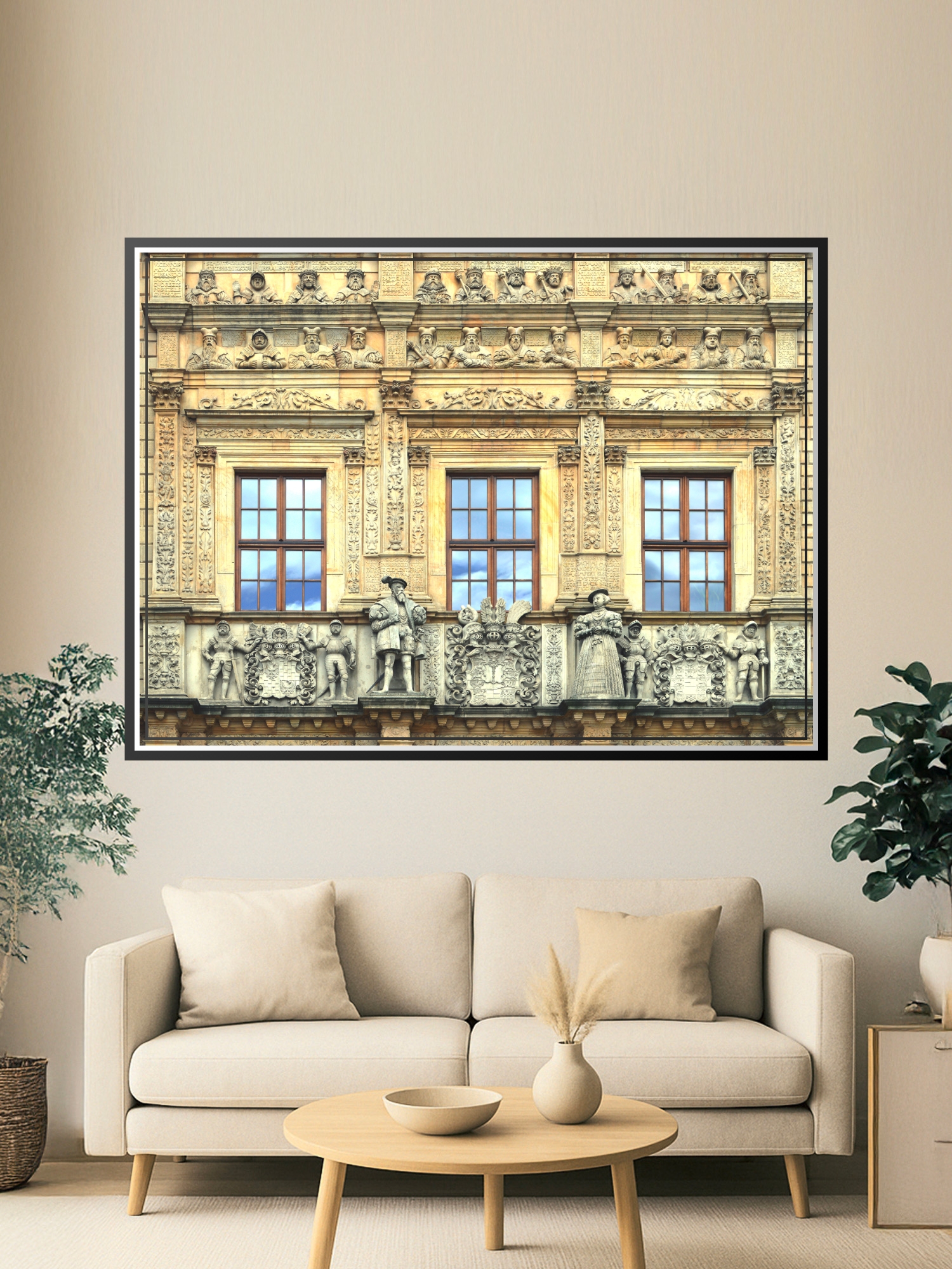 Ornate Renaissance facade of Brzeg Castle with sculptural stone details, classical figureheads, and elaborate carved stonework surrounding tall windows.