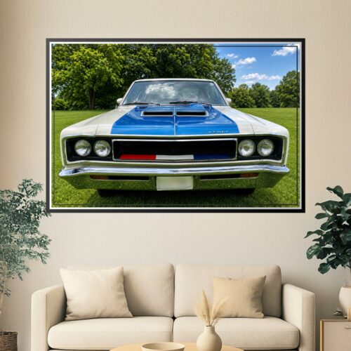 Retro photograph of a 1970 AMC Rebel Machine muscle car with pearl white body, electric blue hood, and iconic dual hood scoops displayed on green grass.