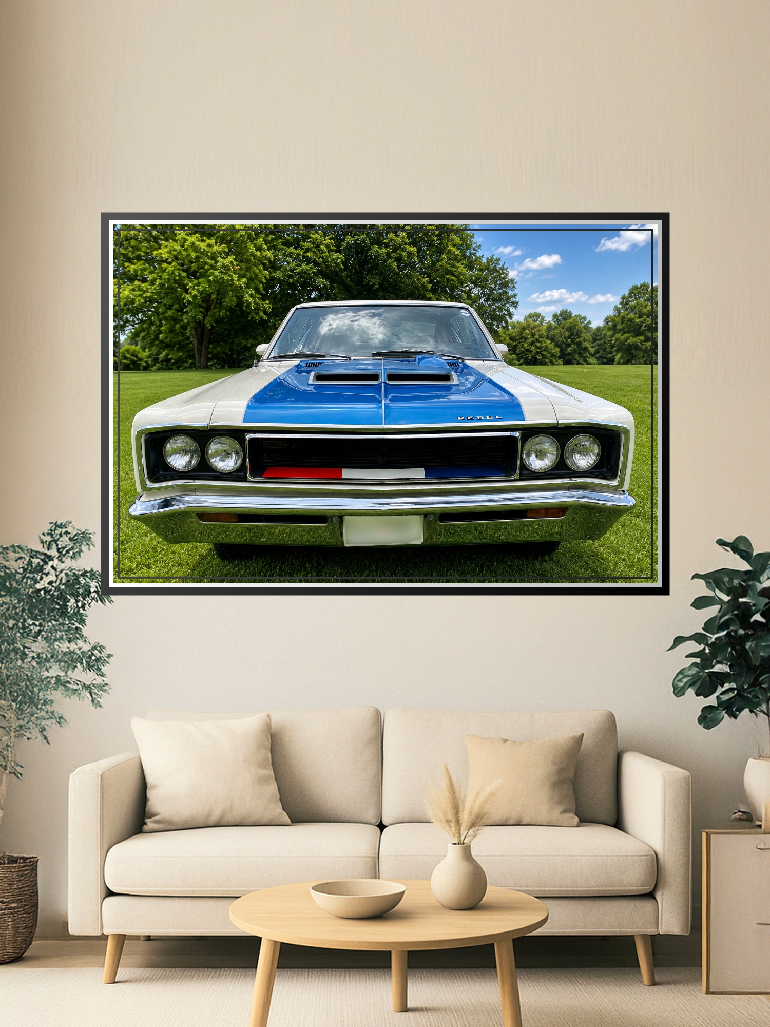 Retro photograph of a 1970 AMC Rebel Machine muscle car with pearl white body, electric blue hood, and iconic dual hood scoops displayed on green grass.