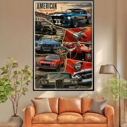 Vintage retro collage poster featuring iconic American muscle cars including blue Shelby Mustang, red Chevrolet, and classic automobiles with warm faded tones and retro tin sign aesthetic.
