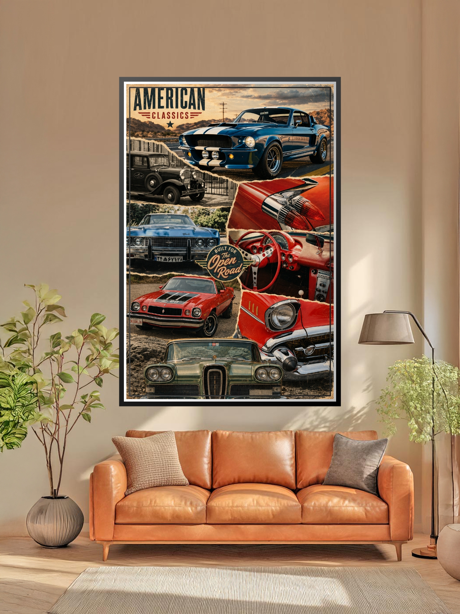 Vintage retro collage poster featuring iconic American muscle cars including blue Shelby Mustang, red Chevrolet, and classic automobiles with warm faded tones and retro tin sign aesthetic.