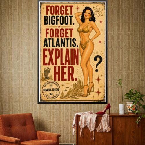 Retro vintage poster featuring a 1950s pin-up woman with text 'Forget Bigfoot. Forget Atlantis. Explain Her' surrounded by atomic symbols, bigfoot tracks, and mythical landscapes.