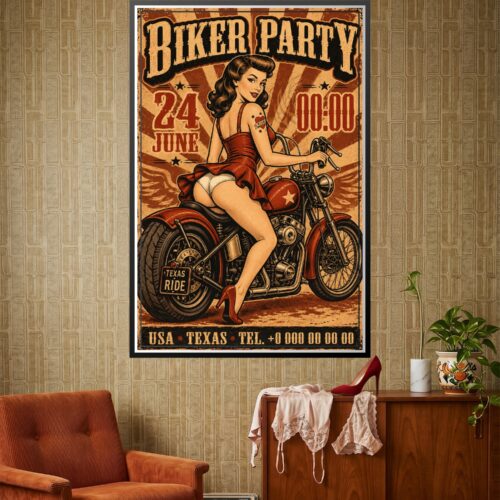 Retro biker party poster featuring a sultry pin-up woman on a motorcycle with vintage sepia and burnt orange tones, bold lettering, and weathered sign aesthetic.