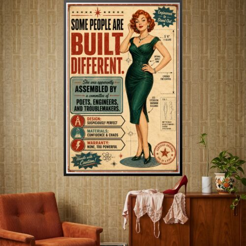 Vintage retro blueprint poster of a confident 1950s woman in a green dress with engineering specs, atomic symbols, and empowerment text on cream background.