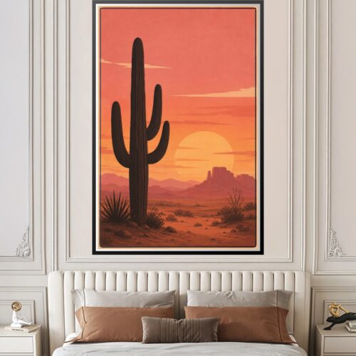 Retro desert sunset wall art featuring a silhouetted saguaro cactus against warm coral and orange sky with distant mesas and desert plants.