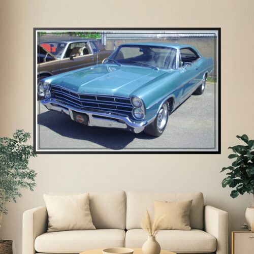 Retro Ford Galaxie Coupe muscle car in turquoise and chrome, photographed at a car show with sharp detail and vibrant color.