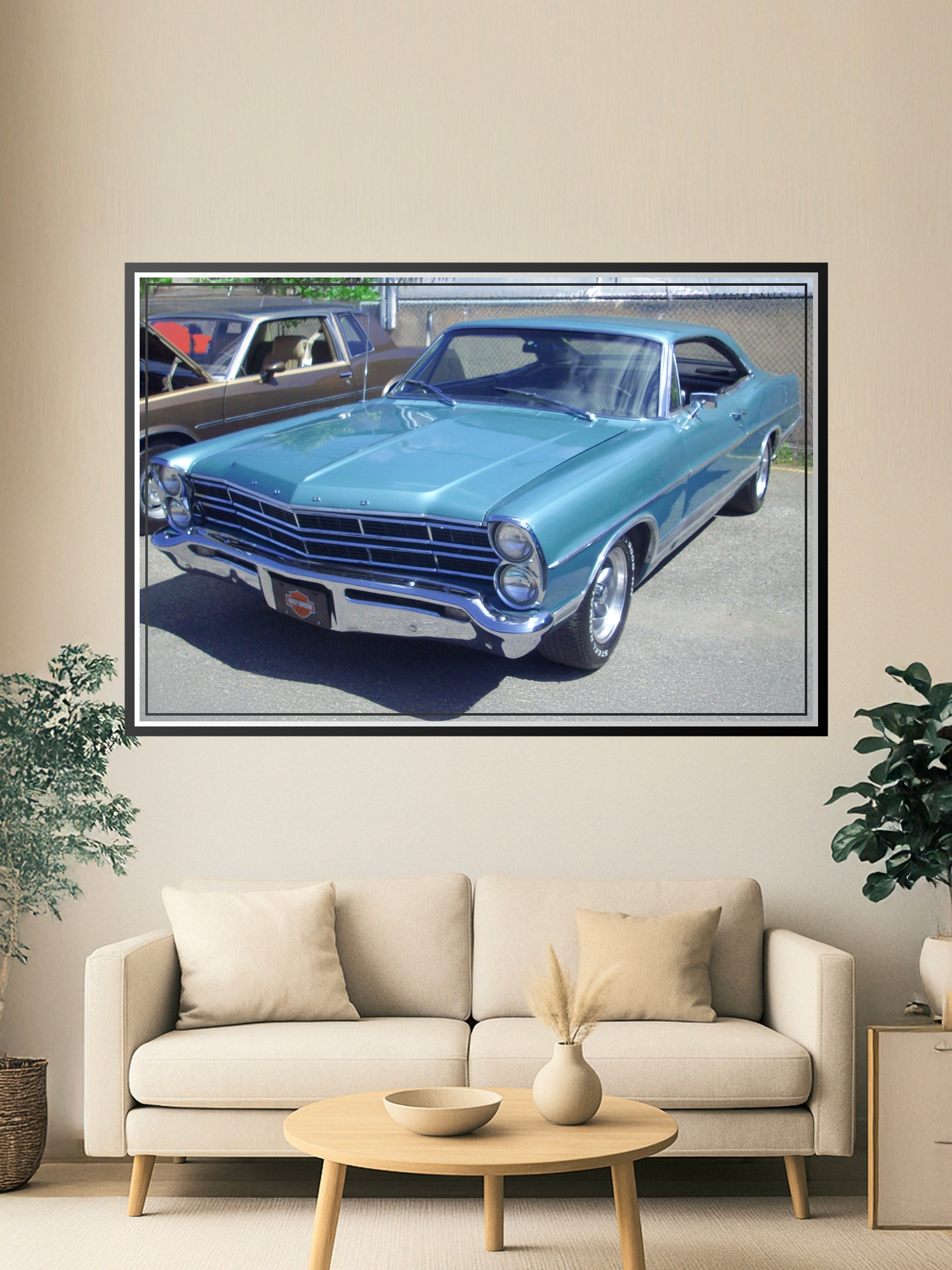 Retro Ford Galaxie Coupe muscle car in turquoise and chrome, photographed at a car show with sharp detail and vibrant color.