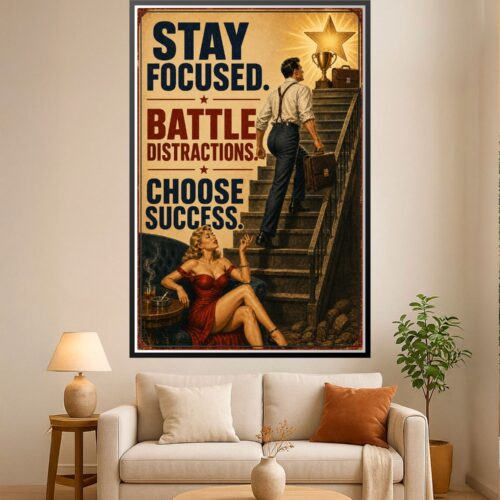 Vintage retro motivational poster showing a man climbing stairs toward a golden trophy with text 'Stay Focused, Battle Distractions, Choose Success' on sepia background.