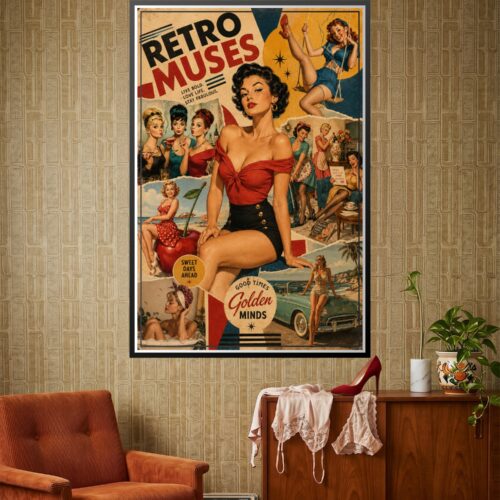 Vibrant 1950s retro collage poster featuring classic pin-up women, vintage cars, bold red and teal typography reading Retro Muses with golden age Hollywood imagery.