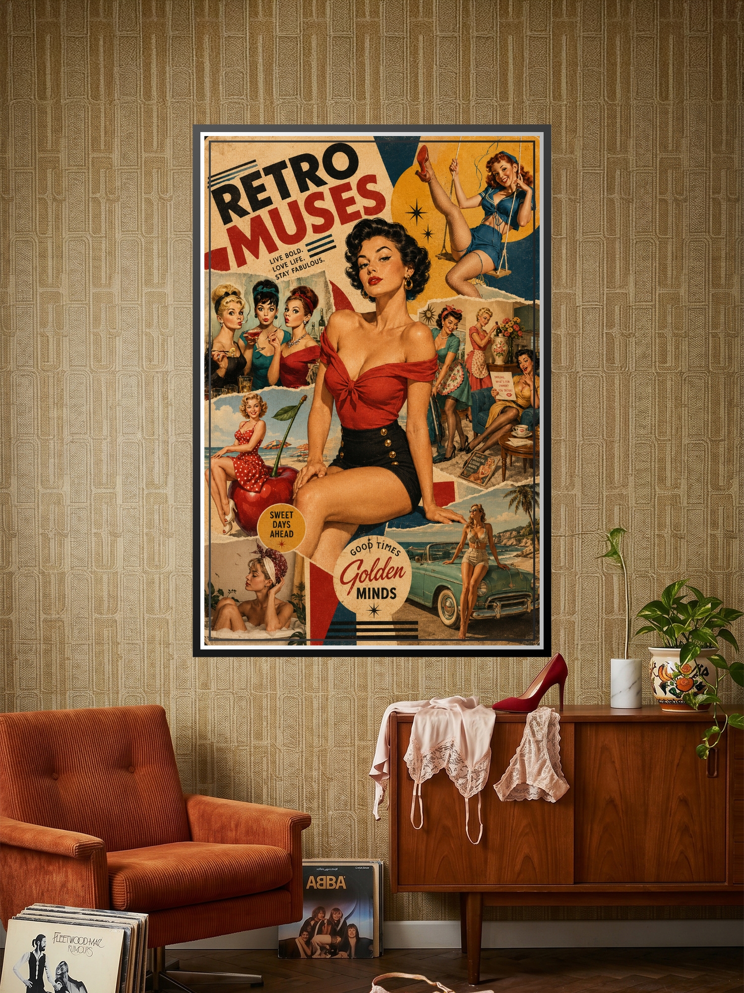 Vibrant 1950s retro collage poster featuring classic pin-up women, vintage cars, bold red and teal typography reading Retro Muses with golden age Hollywood imagery.