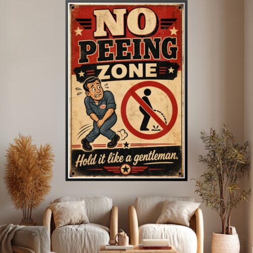 Vintage retro No Peeing Zone poster with cartoon plumber character, red and cream distressed metal sign style, 1950s Americana bathroom humor wall art.