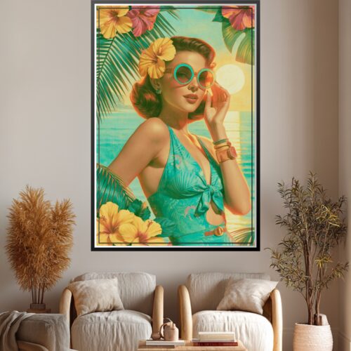 Retro pop art portrait of a confident woman in turquoise sunglasses wearing tropical print bikini, surrounded by vibrant yellow and coral hibiscus flowers and green palm fronds against golden-hour ocean backdrop.