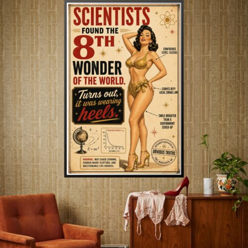 Vintage retro poster with pin-up woman and bold red text reading 'Scientists Found the 8th Wonder' with atomic symbols, globe, and scientific diagrams on cream background.