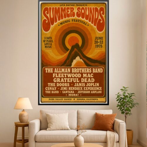 Retro 1975 Summer Sounds Music Festival concert poster featuring red lettering, concentric circles, and mountain silhouettes in warm gold and orange tones.