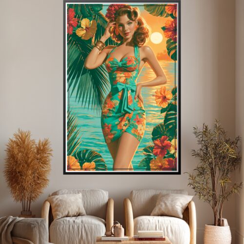 Retro vintage woman in tropical floral swimsuit surrounded by hibiscus flowers, palm leaves, and turquoise ocean with golden sunset—classic 1950s beach wall art poster.