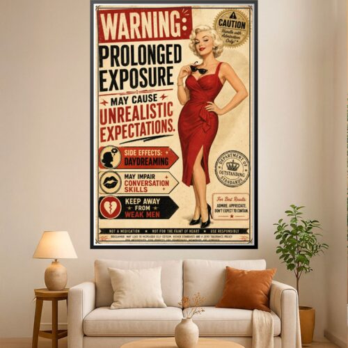 Vintage retro poster featuring glamorous blonde woman in red dress with 1950s warning label design, bold typography, and playful caution graphics on cream background.