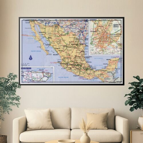 Detailed road map of Mexico showing highways, cities, states, and regions with inset maps of Puerto Rico and Mexico City.