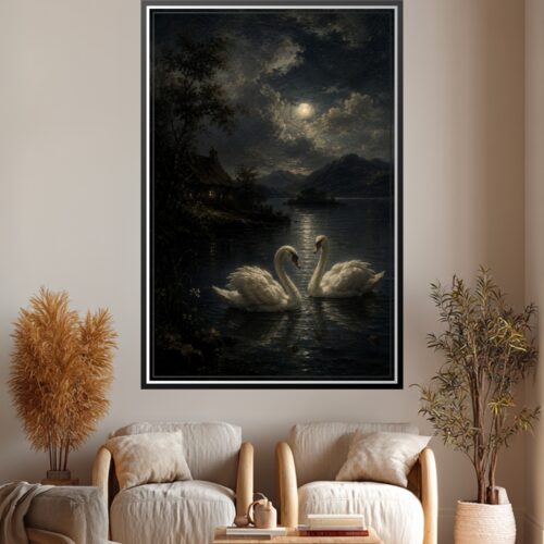 Romantic nocturne painting of two graceful white swans on a moonlit lake with full moon, castle, and misty mountains.