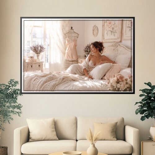 Romantic vintage bedroom scene with soft cream and blush tones, ornate furniture, delicate florals, and natural window light creating feminine elegance.