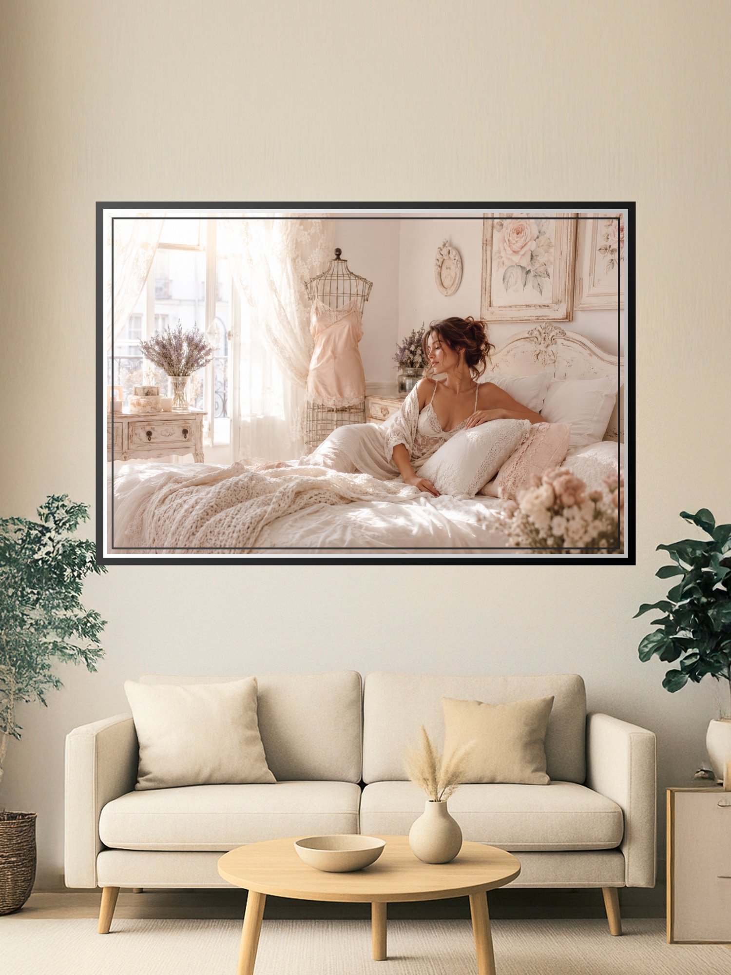 Romantic vintage bedroom scene with soft cream and blush tones, ornate furniture, delicate florals, and natural window light creating feminine elegance.