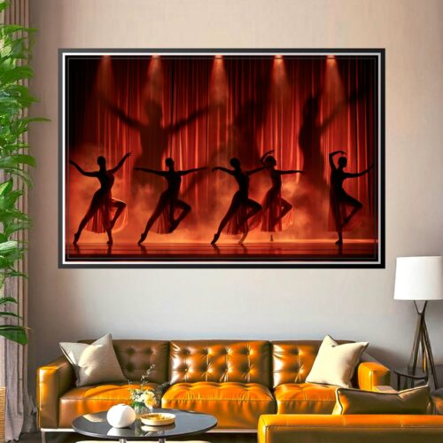 Silhouette of five ballet dancers performing on stage with dramatic red and orange lighting and flowing skirts against a theatrical curtain backdrop.