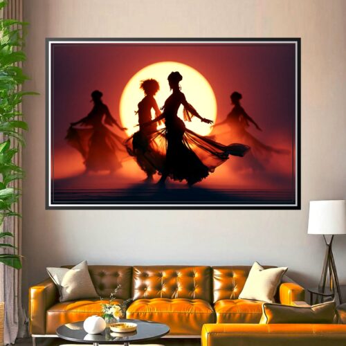 Silhouette of three graceful dancers in flowing fabrics against a bright golden sun with crimson and purple sky.