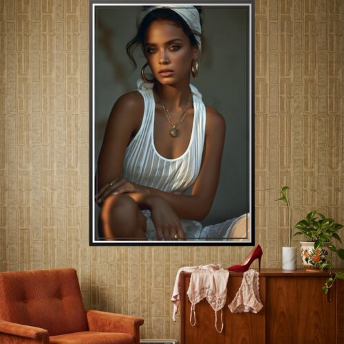 Sultry photographic portrait of a woman with commanding gaze, golden lighting, white headwrap, and delicate jewelry against warm neutral tones.