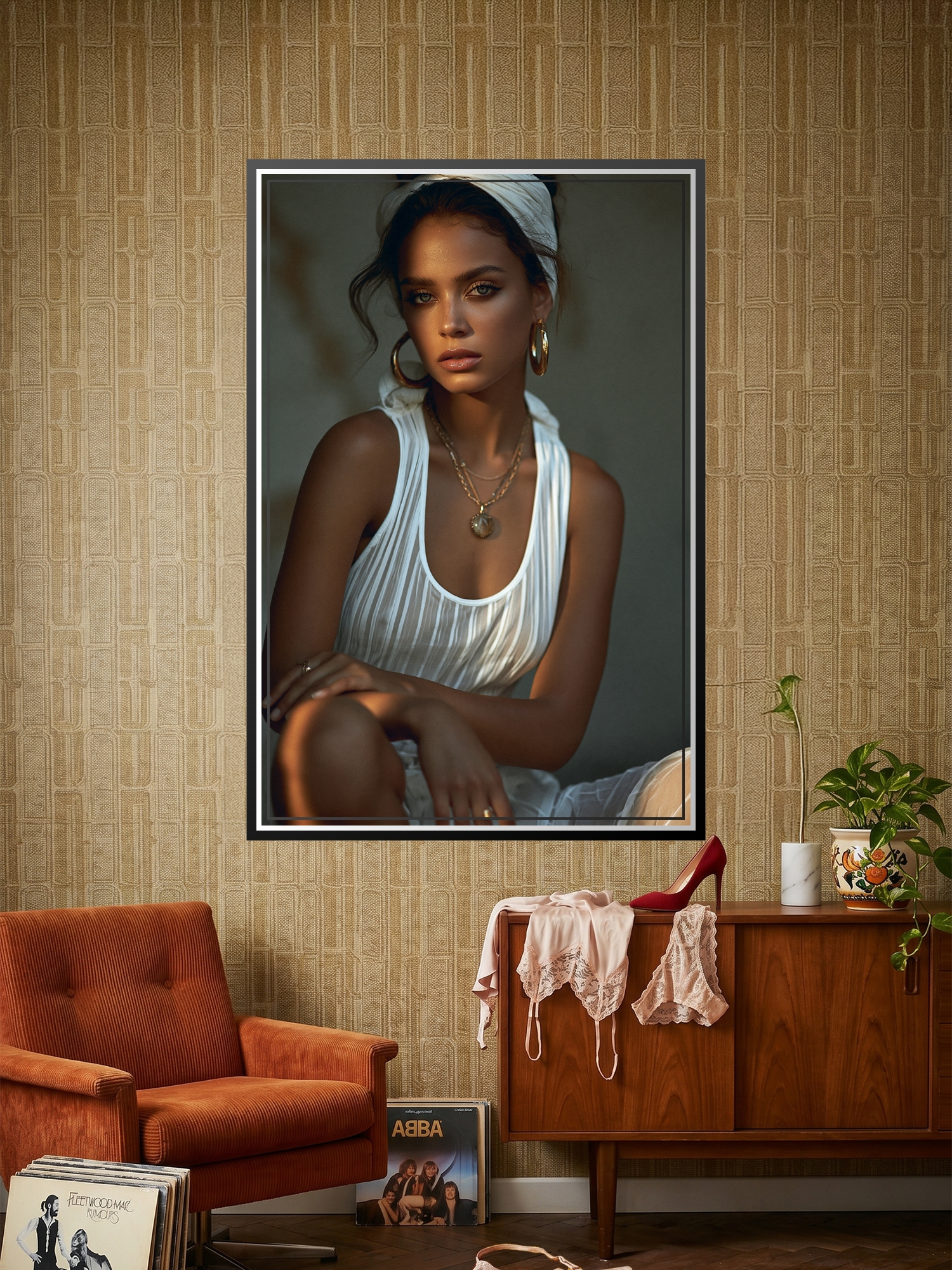 Sultry photographic portrait of a woman with commanding gaze, golden lighting, white headwrap, and delicate jewelry against warm neutral tones.