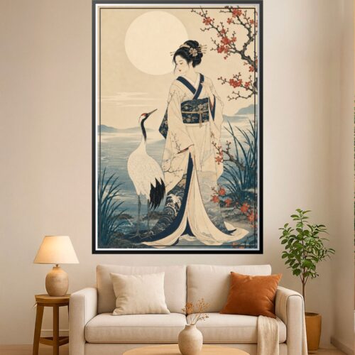 Ukiyo-e style painting of an elegant woman in traditional Japanese kimono with gold hair ornament standing beside a crane under a full moon with red plum blossoms.