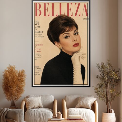 Vintage Belleza magazine cover from April 1964 featuring elegant portrait of woman with classic makeup, dark hair, and pearl earrings on cream background retro poster.
