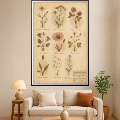 Vintage botanical herbarium poster displaying nine delicate scientific wildflower illustrations with Latin names on cream aged parchment background.