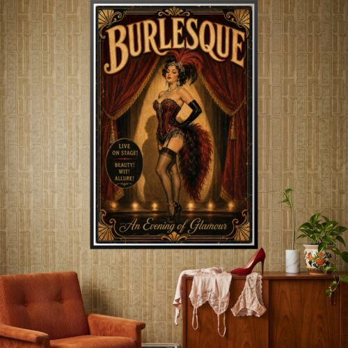 Vintage art deco burlesque poster featuring an elegant cabaret performer in a jeweled corset with red feathered boa, framed by crimson velvet curtains and gold ornamental borders with footlights.