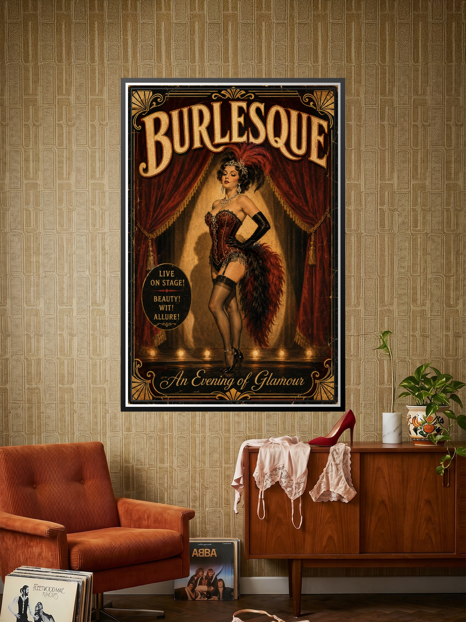 Vintage art deco burlesque poster featuring an elegant cabaret performer in a jeweled corset with red feathered boa, framed by crimson velvet curtains and gold ornamental borders with footlights.